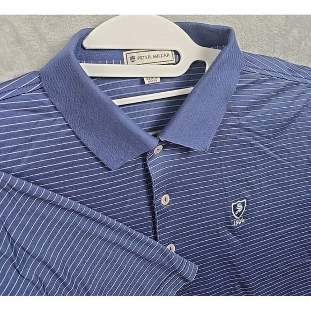 Peter Millar Mens Blue White Striped Cotton Polo Shirt Crest‎ Logo Size Large